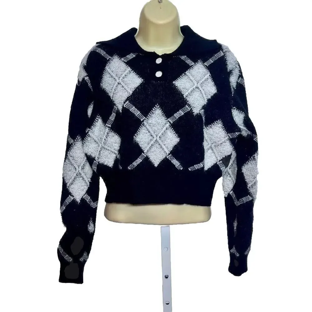Love + Harmony Crop Sweater Womens SZ Large Black and White Argyle Chunky Retro